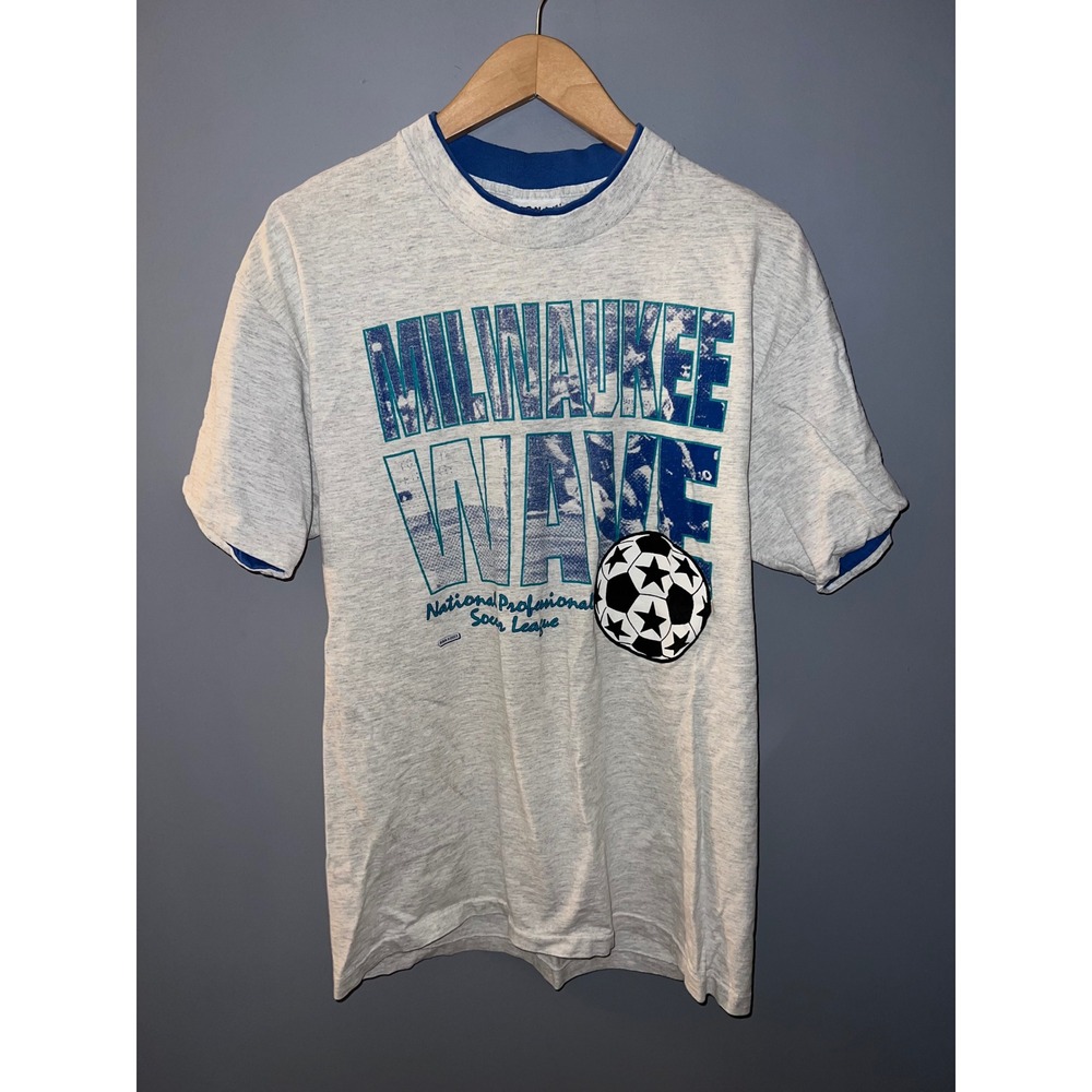 Vintage Milwaukee Wave Soccer T-Shirt Signal Sports 90s Grey Blue Large NPSL